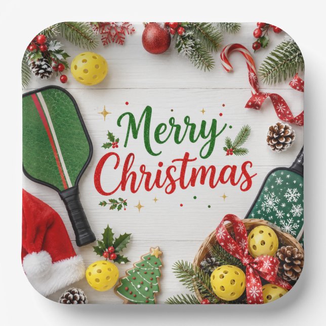 Plato De Papel Pickleball temática de Navidad  (Anverso)