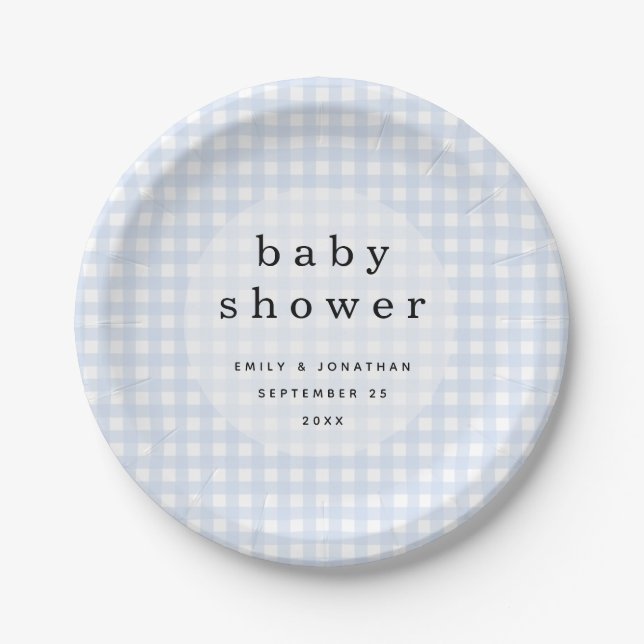 Plato De Papel Picnic Baby Shower Names Date Blue Gingham (Anverso)