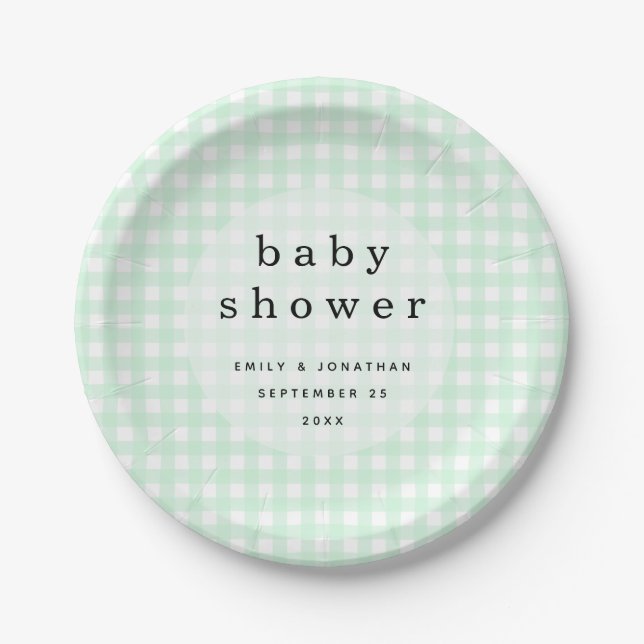 Plato De Papel Picnic Baby Shower Names Date Green Gingham (Anverso)