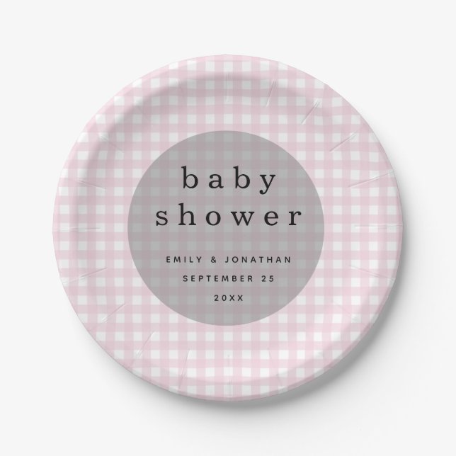 Plato De Papel Picnic Baby Shower Names Date Pink Gingham (Anverso)