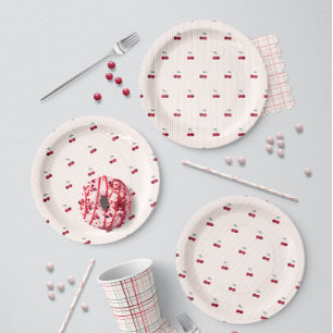 Plato De Papel Pícnic Botánico de Rayas de Cereza de Verano