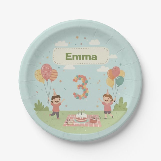 Plato De Papel Picnic de cumpleaños, estilo retro adorable, 3 año (Anverso)