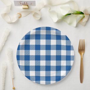 Plato De Papel Picnic de verano de Gingham azul clásico