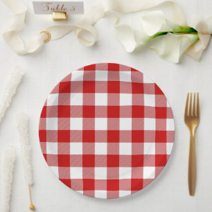 Plato De Papel Picnic de Verano de Gingham Rojo y Blanco