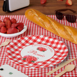 Plato De Papel Picnic personalizado de búfalo de Gingham rojo