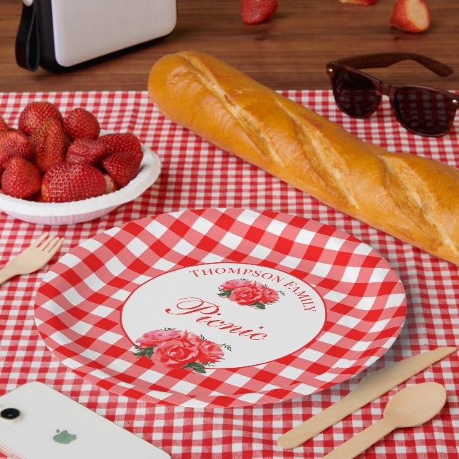Plato De Papel Picnic personalizado de búfalo de Gingham rojo (Picnic)
