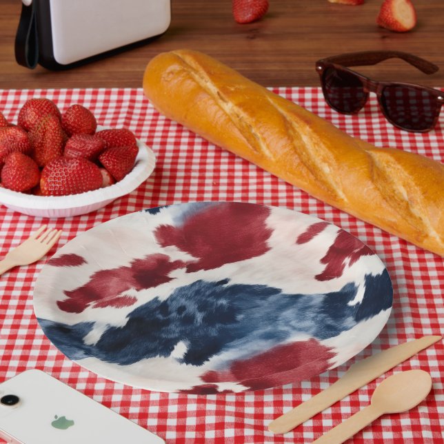 Plato De Papel Piel de vaca azul blanco rojo (Picnic)