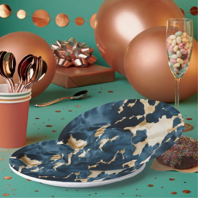 Plato De Papel Piel de vaca azul crema dorada (Multi)