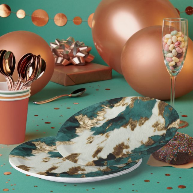 Plato De Papel Piel de vaca Blanco del Oro Esmeralda Occidental (Multi)