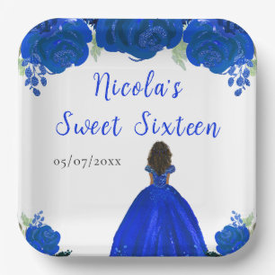 Plato De Papel Piel Oscura Princesa Azul Floral Dulce Dieciséis