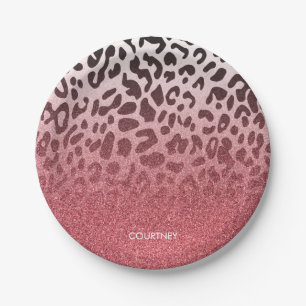 Plato De Papel Piel rosada del leopardo del purpurina