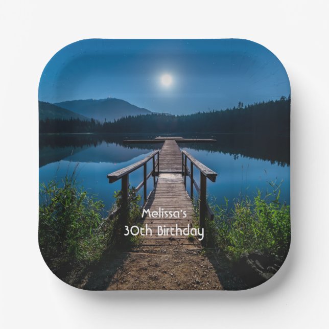 Plato De Papel Pier de noche bajo una luna llena (Anverso)