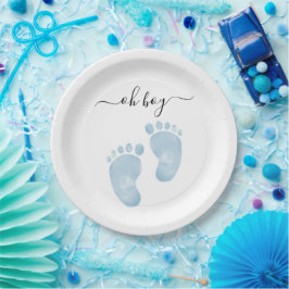 Plato De Papel Pies de bebé azules Signo de bienvenida de Baby Sh