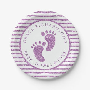 Plato De Papel Pies de bebé morado Purpurina Baby Shower personal