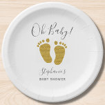 Plato De Papel Pies de bebé Purpurina de oro<br><div class="desc">Este lindo plato de papel Baby Shower está decorado con pies de bebé purpurina dorados y Oh Baby! en una tipografía elegante. Personalizable fácil.</div>