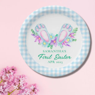 Plato De Papel Pies de conejito azul turquesa mi primera Pascua