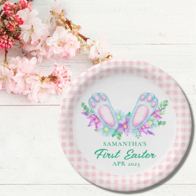 Plato De Papel Pies de conejito rosado personalizados mi primera  (Subido por el creador)