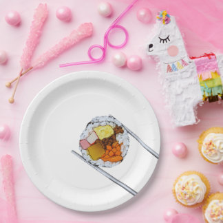 Plato De Papel Pieza de Kimbap con palillos - Arte de comida core