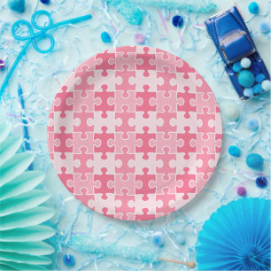 Plato De Papel Piezas dulces de rompecabezas rosas y blancas