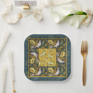 Plato De Papel Pigeon Blue Yellow Fish Art Nouveau