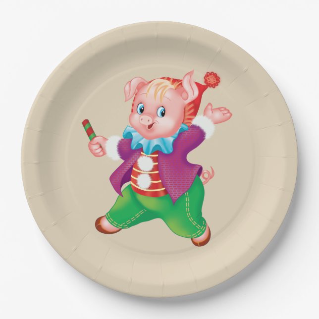 Plato De Papel piglet rosado alegre (Anverso)