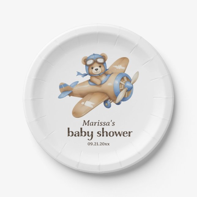Plato De Papel Piloto de osito de peluche niño niño ducha Placa d (Anverso)