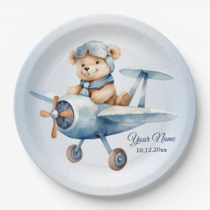 Plato De Papel Piloto de Oso para Bebés Cubiertos Avión Azul