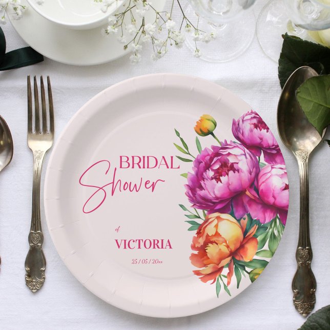 Plato De Papel Pimenta magenta rosa peach peonías elegantes de la (Pink magenta peach peonies floral elegant bridal shower template paper plates personalized tableware)
