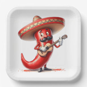 Plato De Papel Pimienta Roja Mexicana Con Guitarra
