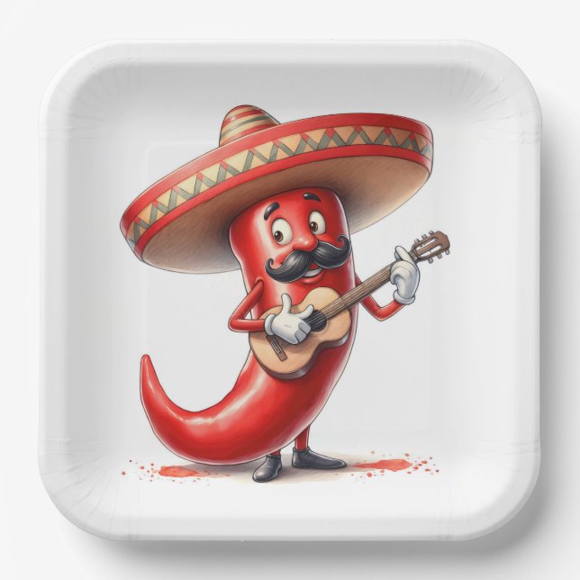Plato De Papel Pimienta Roja Mexicana Con Guitarra (Anverso)