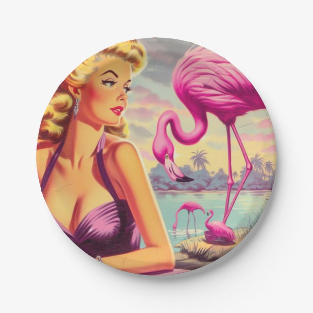 Plato De Papel Pin-up Flamingo Tropical (Anverso)