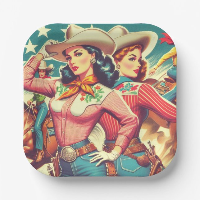 Plato De Papel Pin-ups Retro Cowgirls (Anverso)