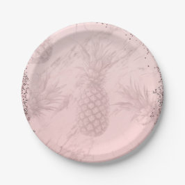 Plato De Papel Piña Brillante Rosa Dorado Rosa Fiesta Tropical