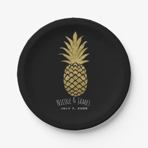 Plato De Papel Piña Dorada Negra Moderno Chic Fiesta Tropical