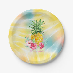 Plato De Papel Piña, Hibisco Acuarela Tie Dye Arcoíris