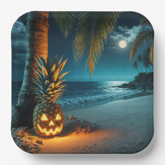 Plato De Papel Piña Jack-o-lantern en una playa (Anverso)