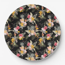 Plato De Papel Piña tropical Hibiscus Foliage en negro
