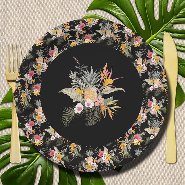 Plato De Papel Piña tropical Hibiscus Foliage en negro (Tropical Pineapple Hibiscus Foliage on Black Paper Plates)