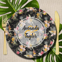 Plato De Papel Piña y flores en negro