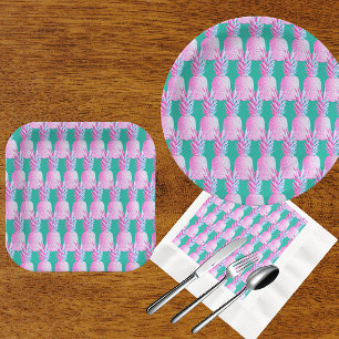 Plato De Papel Piñas Ananás Rosadas Caribe Azul