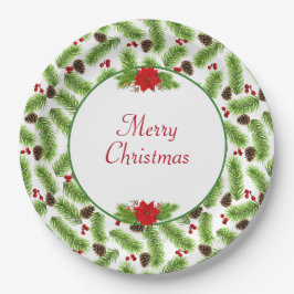 Plato De Papel Piñas de Navidad personalizadas y bayas rojas