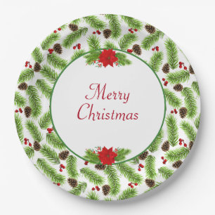 Plato De Papel Piñas de Navidad personalizadas y bayas rojas