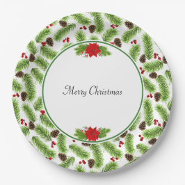 Plato De Papel Piñas de Navidad y bayas rojas