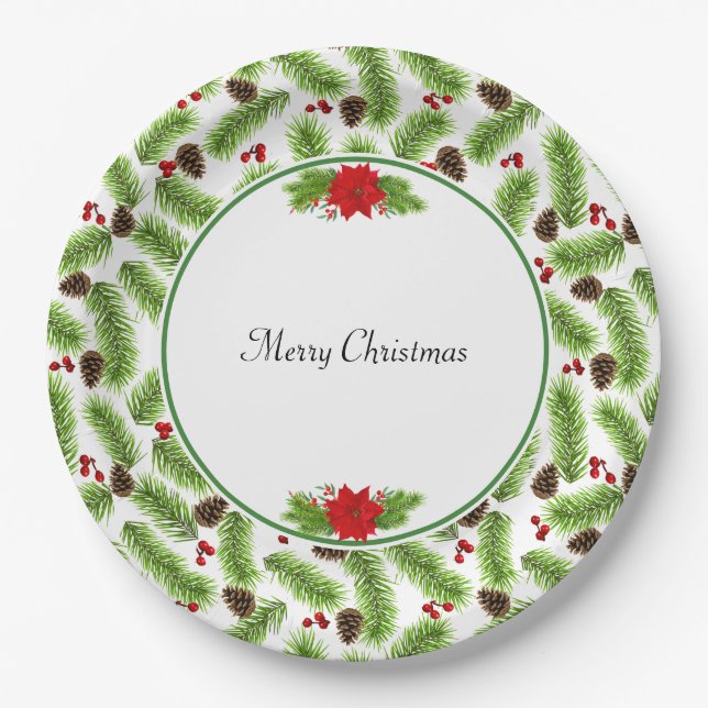 Plato De Papel Piñas de Navidad y bayas rojas (Anverso)