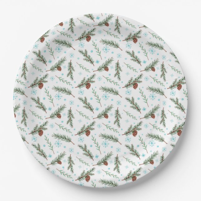 Plato De Papel Piñas y Copos de Nieve (Anverso)