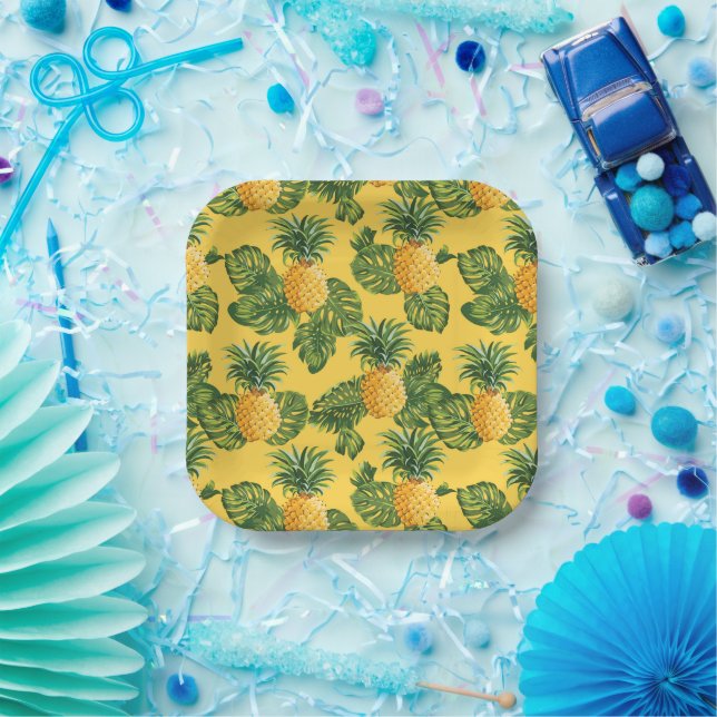 Plato De Papel Piñas y hojas tropicales con oro (Fiesta)