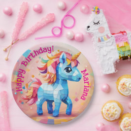 Plato De Papel Piñata de cumpleaños de unicornio colorido