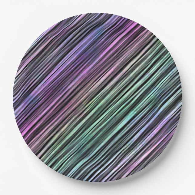 Plato De Papel pinceladas de arcoiris sobre negro: (Anverso)