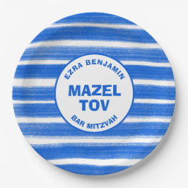 Plato De Papel Pinceles Rayas Azul Personalizado Bar Bat Mitzvah