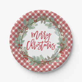 Plato De Papel Pine & Holly Rustic Farmhouse Gingham Navidades